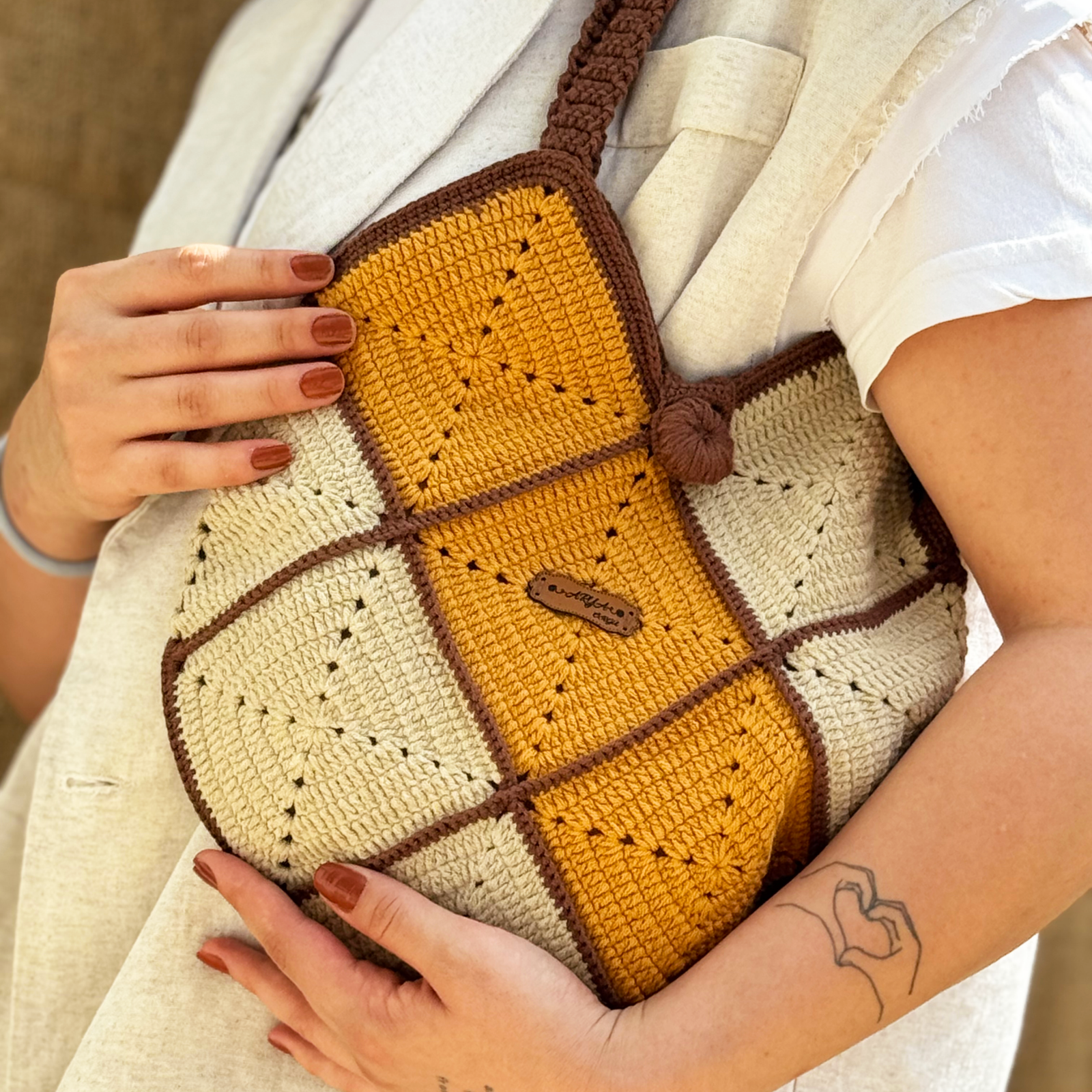 El Yapımı Örgü Granny Square Boho Omuz Çantası