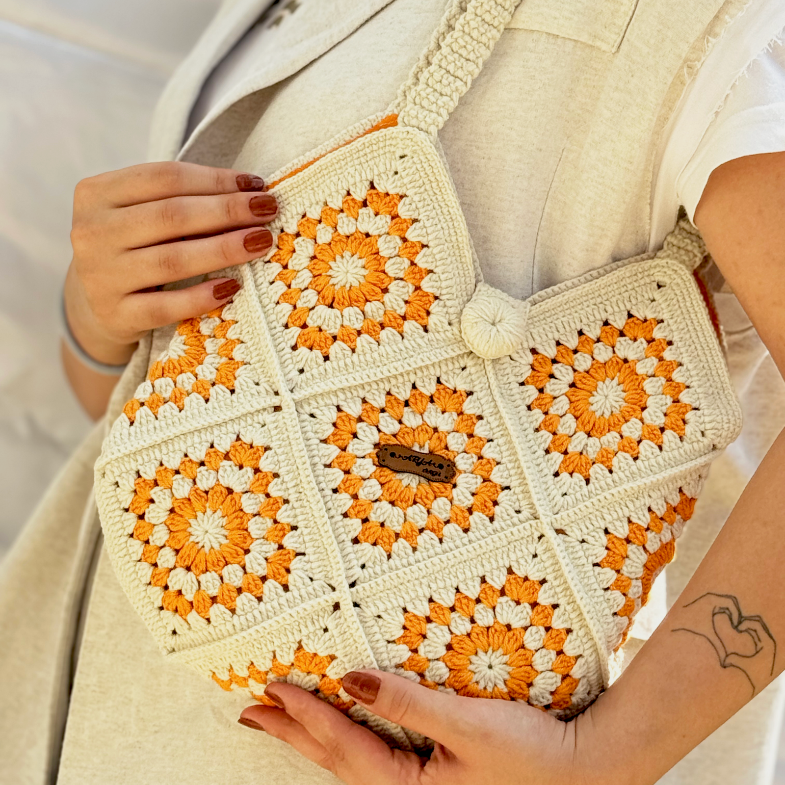 El Yapımı Örgü Granny Square Boho Omuz Çantası